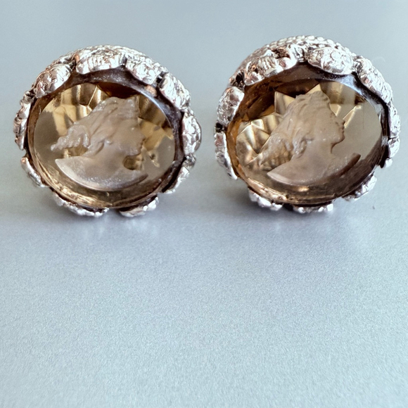 Intaglio Smoky Topaz Glass Cameo Clip On Round Chunky Earrings Vintage 1960's